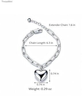 Adjustable Paperclip Chain Heart Charm Bracelet Silver Tone Link